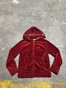 Juicy Couture Cherry Crimson Red Velvet Spellout Hoodie Velour Girls M 8-10 - Picture 1 of 11