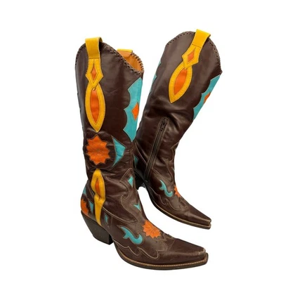 BCBGirls Western кожаные ботинки женщин 7 многоцветный инкрустация коричневый бирюзовый оранжевый - Изображение 1 из 4