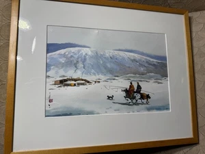 Pintura en acuarela "Jinetes que se acercan al pueblo" - Firmada y enmarcada - Imagen 1 de 14