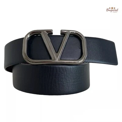 Authentic VALENTINO GARAVANI Black/Chocolate Calfskin VLogo Signature Belt 80/32 - Image 1 of 4