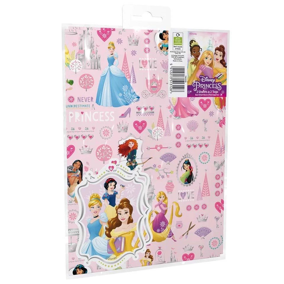 Princess Giftwrap Paper - Sheets Presents Wrapping Girls Tags Gifting 2 Sheets - Image 1 of 1