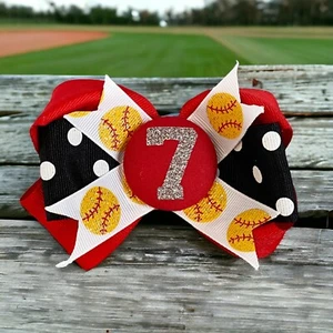 Softball Glitter Hair Bow Personalized for Girls in Team School Colors - Picture 1 of 10