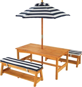 Set Tavolo E Panchine in Legno per Bambini Con Cuscini E Ombrellone, Mobili per - Foto 1 di 12