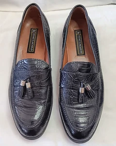 Stacy Adams Black Snakeskin Slip On Loafers Shoes Tassels 24541 Mens Size 9 1/2 - Picture 1 of 11