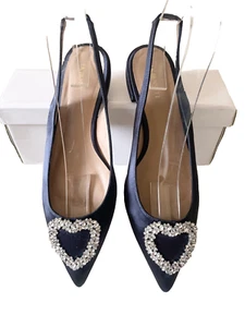 LK BENNETT NAVY BLUE SATIN DIAMANTE HEART TRIM SLINGBACK FLATS SIZE 5/38 - Picture 1 of 4