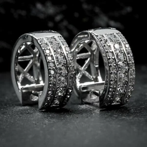 14K White Gold Plated Men's\Women's Round Simulated Diamond Huggie Hoop Earrings - Picture 1 of 6