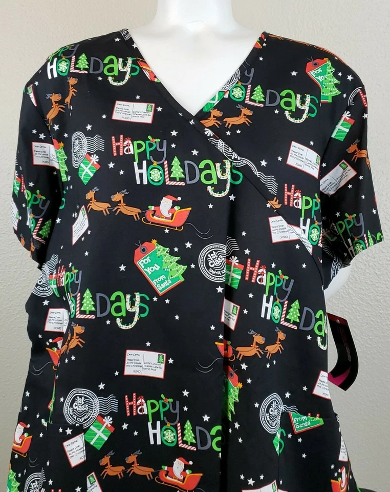 Scrub Top Scrubstar Christmas Happy Holidays Med Black Green Women Mock Wrap