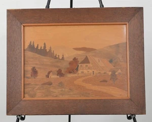 Casa de representación firmada y enmarcada con incrustación de madera W. König en montañas 17" x 13,25" - Imagen 1 de 3