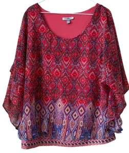 ROZ & ALI Blouse~Sz  1X  Top~ ~Flutter Sleeves Built In Tank. Multicolor. Boho - Picture 1 of 7