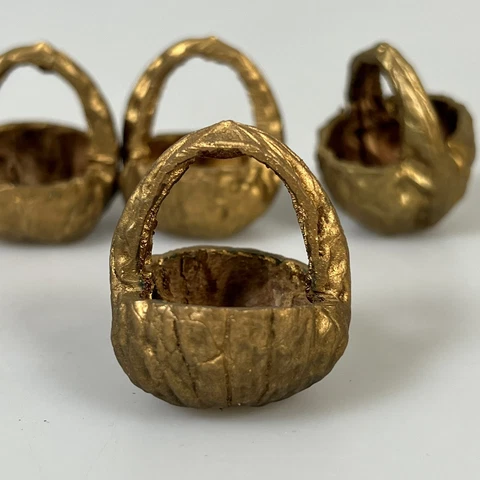 Vtg 4 GOLD Carved Walnut Shell Miniature Baskets Doll House Decor Folk Art C3 Cover