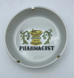 Pharmacist Vintage Mid-Century MCM Ashtray Pharmacy White/Gold Trim 5.5” 3 Slot - Picture 1 of 7