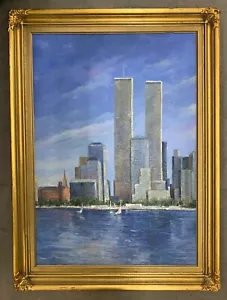 Mid Century Impressionist Painting New York Lower Manhattan View Twin Towers - Bild 1 von 4