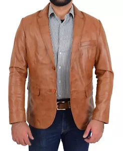 A1 Fashion Goods Mens Tan Leather Blazer Jacket Fitted Cut 2 Button Suits Coat - Picture 1 of 9