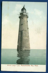 Minots Ledge Lighthouse Massachusetts Bay Mass ma old postcard - Picture 1 of 2