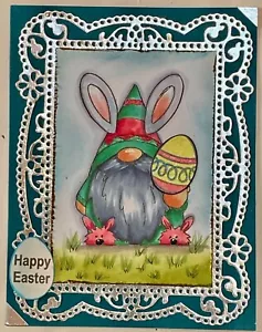 EASTER - Gnome with Bunny Slippers in Silver frame - handmade card by DEE - Picture 1 of 4