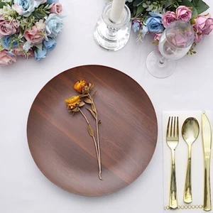 6 Brown 10 in Round Disposable Heavy Duty Plastic PLATES Wood Grain Design Party - Picture 1 of 9