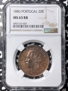 1886 Portugal 20 Reis NGC MS63RB Lot#G8981 Choice UNC! Top Graded! - Picture 1 of 3