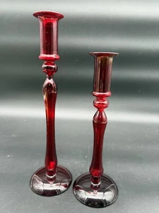 Set Of Ruby Red Glass Candlesticks Hand blown Red Thick Quality Base Gorgeous - Picture 1 of 8