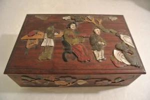 RARAS FIGURAS CHINAS CON INCRUSTACIONES DE MADERA FLORES Talladas a mano Cáscara Piedra Jade Coral CAJA - Imagen 1 de 8