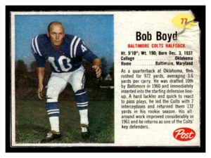 1962 Post Cereal Football #77 Bob Boyd 62PFB - Picture 1 of 2