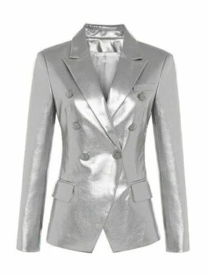 Women's 100% Genuine Handmade Leather Jacket Silver Blazer Designer Formal Party - Image 1 of 4