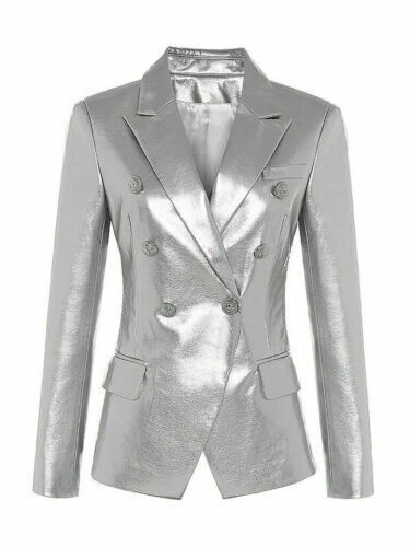 Chaqueta de cuero 100 % genuina hecha a mano para mujer Blazer plateado Diseñador Fiesta formal Foto 1 de 4