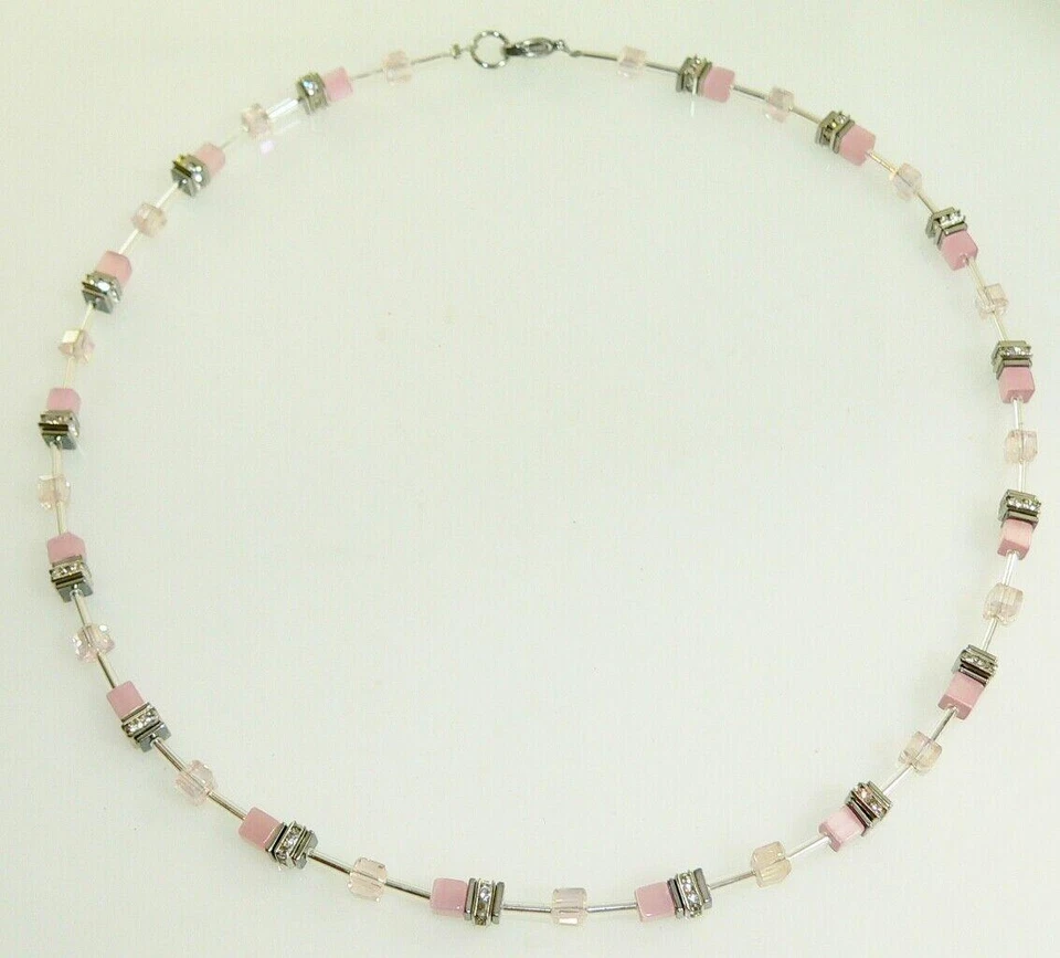 Halskette Halskette Collier Cube 4mm Cat Eye rose Kristall glas rosa Strass 502p - Bild 1 von 4