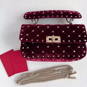 VALENTINO GARAVANI Bordeaux Red Velvet Leather Rockstud Chain Shoulder Bag JAPAN - Picture 1 of 9