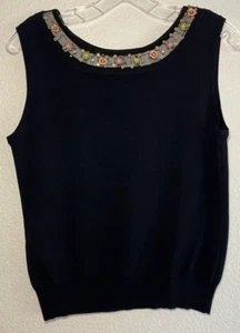 Joseph A. Schwarzes ärmelloses Stricktop mit Blumen Pailletten verziertem Ausschnitt XL - Bild 1 von 5