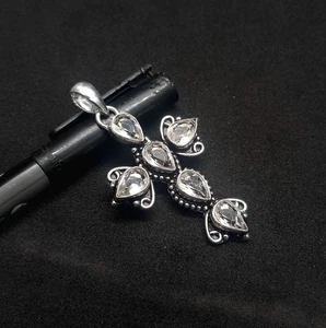 925 Sterling Silver Rose Cut White Topaz Gemstone Jewelry Handmade Cross Pendant - Picture 1 of 5