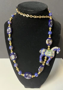 Vintage 30" Jasper Goldtone Brass Beaded Cloisonne Enamel Horse Necklace w/Beads - Picture 1 of 4