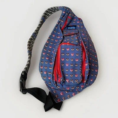 KAVU Rope Sling Bag Fox Print Blue Canvas Crossbody Outdoor Hiking Backpack Rare - Image 1 of 4