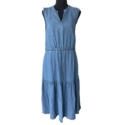 Lands End Denim Tiered Midi Dress Womens M Blue Cottagecore Prairie Soft Fall - Image 1 of 4