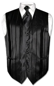 Men's Dress Vest & NeckTIE BLACK Color Woven Striped Design Neck Tie Set - Picture 1 of 4
