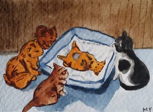 ACEO Original - Welpen & Katzen - Aquarell 2,5 x 3,5 signiert - Bild 1 von 4