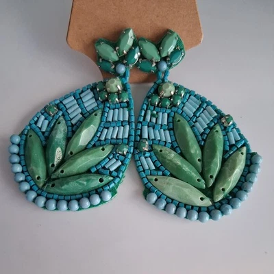 Stella & Dot Persephone Pierced Earrings Green Teal Bead Dangle Drop 3" - Image 1 of 4