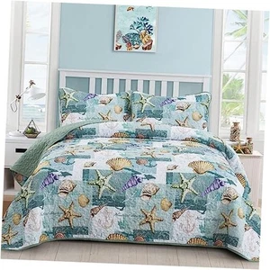 3 Pieces Quilt Set King Coastal Beach Pattern Quilt King (90"x 104") Teal - Picture 1 of 8