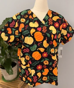 NWT Buttersoft Scrub Top Plus 2X Autumn Bounty Cotton Scrubs Fall Thanksgiving - Picture 1 of 11