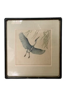 Antiker Hans Frank "Reiher" Vogel Original Farbholzschnitt Druck um 1910, signiert - Bild 1 von 5