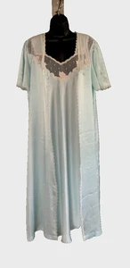Vtg Peignoir Aqua Blue Pastel Satin Applique Lace Gown & Robe Set Barbizon Sz L - Picture 1 of 23