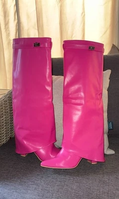 Pink! Knee High Slouch Boots W/ Cuff & Buckle Stiletto Heel Faux Leather Size 7 - Image 1 of 4