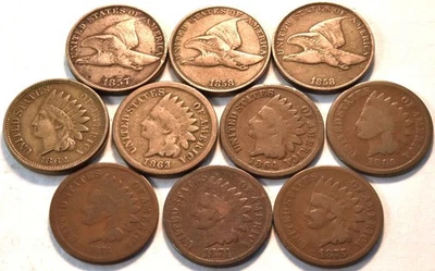 Lote (10) Centavos Cabeza de Indio Better Flying Eagle 1857 1868 1869 1873 1875 Centavo 1C Foto 1 de 4