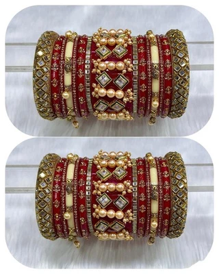 vermelho chuda rajwadi casamento especial chuda karvachauth chuda presente kundan conjunto de trabalho - Imagem 1 de 4