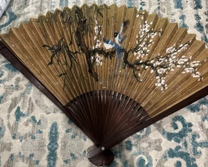 VTG Large Asian Wood Fan Wall Art Hand Painted w/ Birds & Floral in a tree - Picture 1 of 13