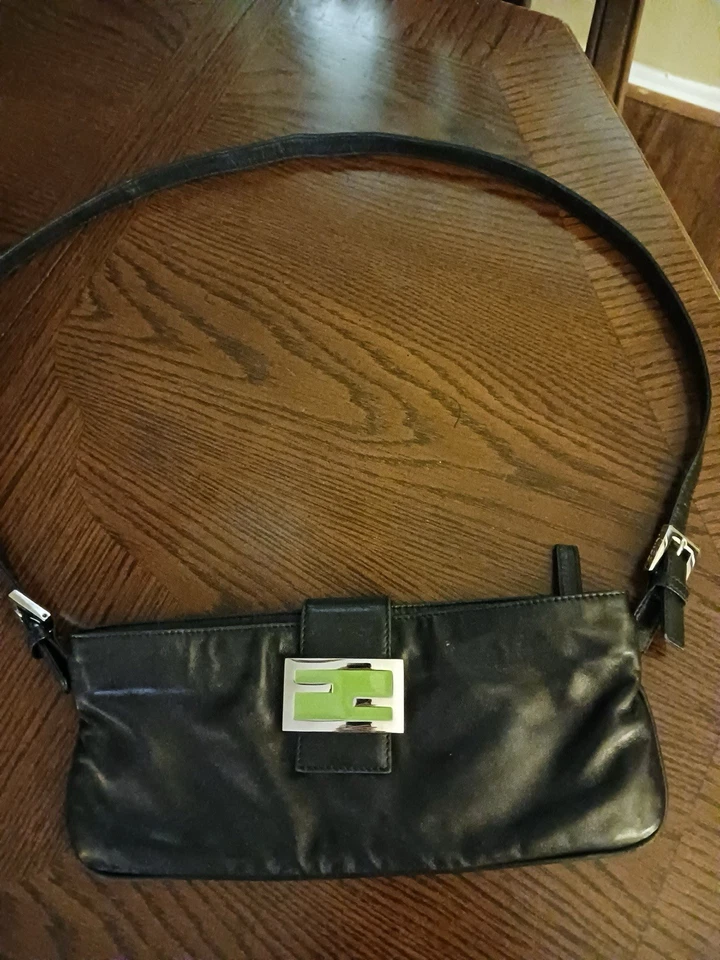 Fendi black leather rare Silver green buckle shoulder baguette bag handbag - Image 1 of 4