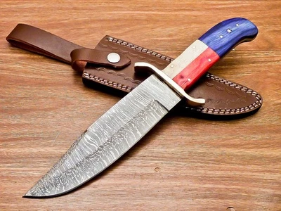 Cuchillo Bowie de caza de camping hoja de acero Damasco hecho a mano personalizado TR-6899 Foto 1 de 4