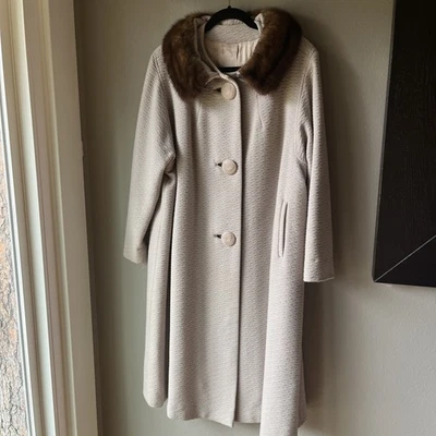 Vintage 60s Wool Boucle Princess Swing Coat Mink Fur Collar Sz M L Union Made - Image 1 of 4