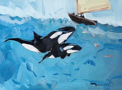 IMPRESIÓN DE BELLAS ARTES DE José Trujillo 16x20 pintura de artista coleccionable orcas ballenas Foto 1 de 4