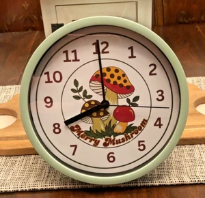 Merry Mushroom Theme Wall Clock 8.5" Battery Operated Glass Face Sage Green - Picture 1 of 5