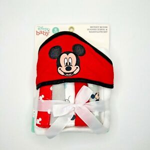 Disney Baby Mickey Mouse Hooded Towel Washcloth 6 Pack Set Red White Gray